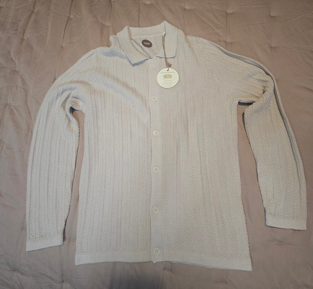 Common People Men's Cardigan Medium Beige Cable Knit Cotton Polo Sweater NWT